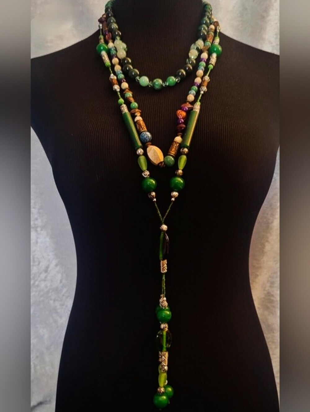 Boho Green Layered Necklace Bundle Jade Agate Jasper Glass Beads Artisan 3 Pc - Picture 2 of 16